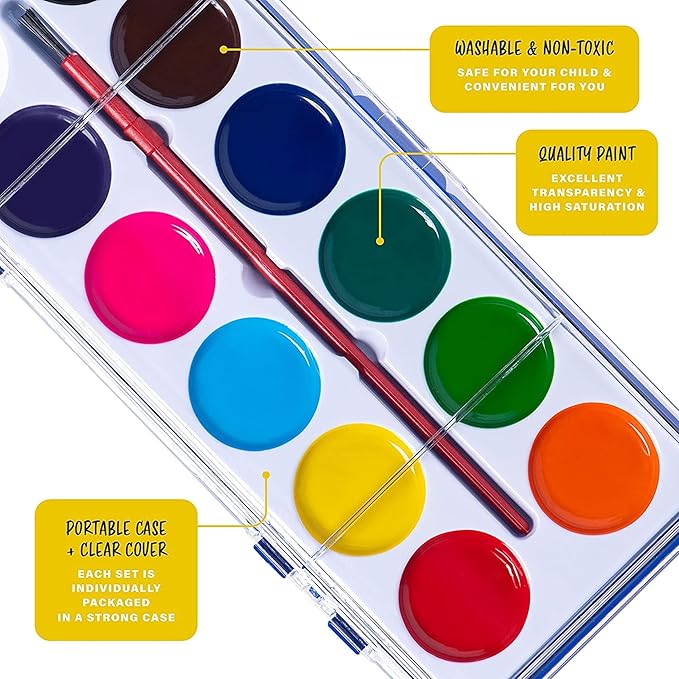 Pack of 36 Watercolor Paint Set - Watercolor Palette with 12 Washable Colors, Paintbrushes - Watercolors Paint Set Ideal for Preschool Classroom, Art School Supplies or Kids Party Favors