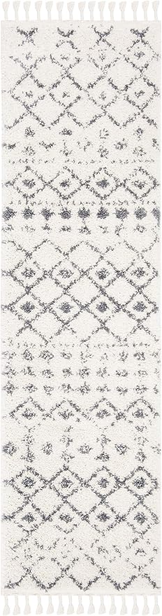 SAFAVIEH Berber Fringe Shag Collection 2'2" x 12' Cream / Dark Grey BFG516A Moroccan Non-Shedding Living Room Bedroom Dining Room Entryway Plush 1.2-inch Thick Runner Rug
