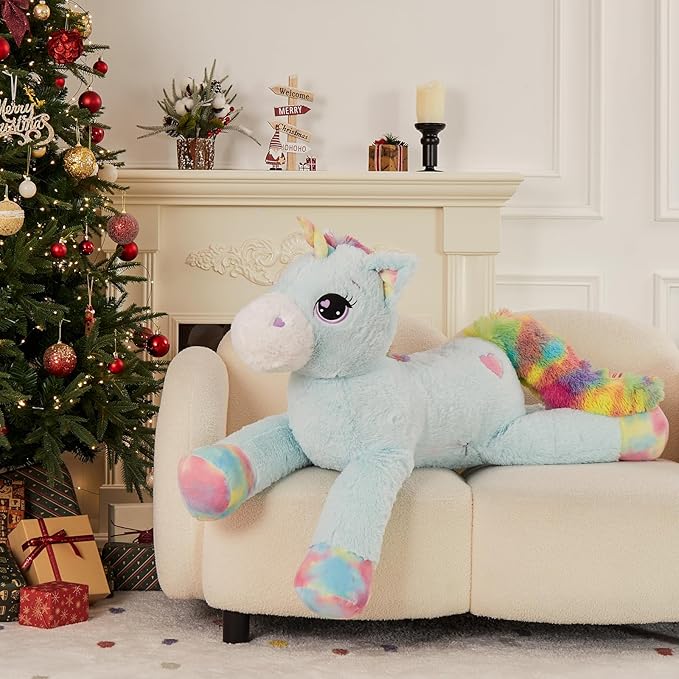 Tezituor 43" Big Unicorn Stuffed Animal, Cute Plush Toy Gift for 3-8 Years Old Girls, Large Soft Stuffed Unicorn Pillow, Gift for Christmas Birthday Valentine's Day (Blue)