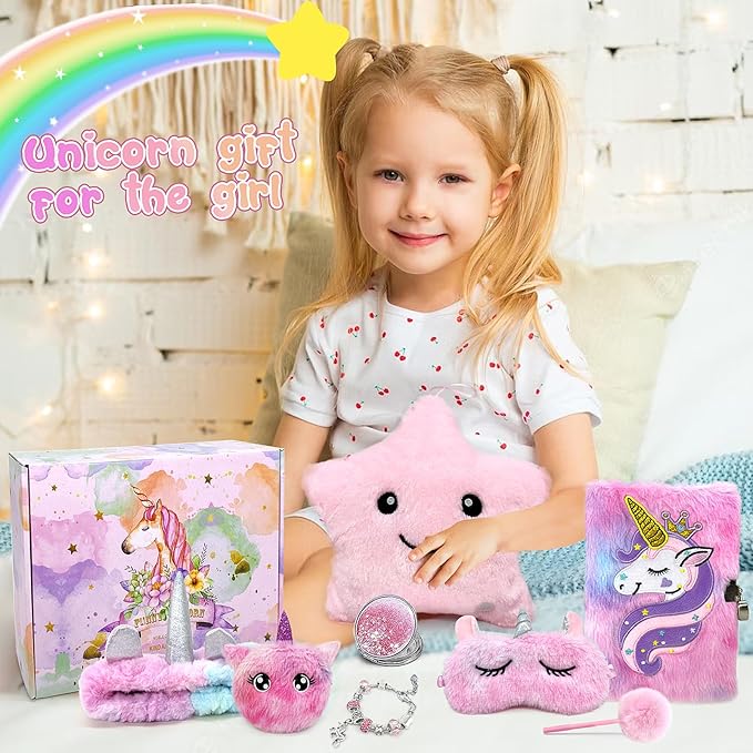 Unicorns Gifts for Girls Toys 6 7 8 9 10 Year Old Tie-Dye Playset Includes Star Stuffed Mirror Diary Eyemask Headband Purse Pen Bracelet and Sock