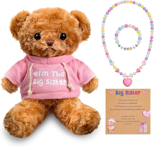 Taiyin Big Sister Gift Set Big Sister Bear with Bracelet Necklace Jewelry “I'm the Big Sister” Message Stuffed Animal Bear Toy Big Sis Gifts for Little Girls Christmas