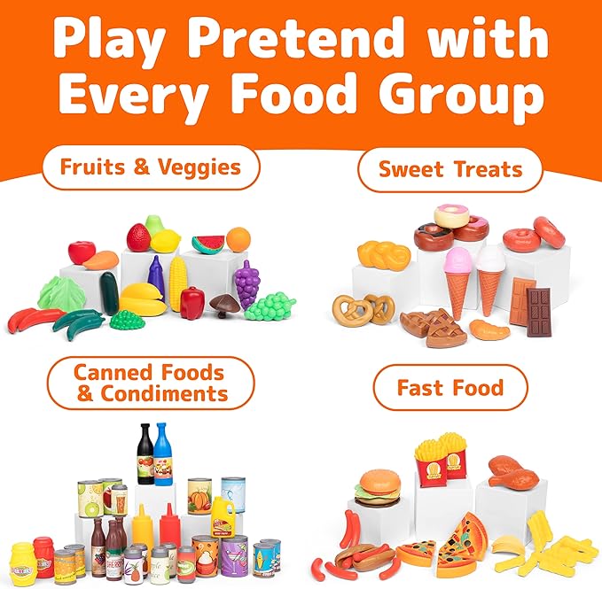 Jaxojoy 122 Piece Pretend Play Food Set for Kids - Toy Food for Kids Kitchen Set, Pretend Play Kitchen Food, Kids Kitchen Accessories Set