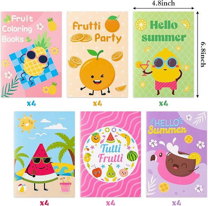 MALLMALL6 24Pcs Fruit Coloring Books with Watermelon Pineapple Lemon Banana Orange Coconut Tropical Frutti Art Patterns Summer Themed School Party Supplies Home Game Activity for Kids Girl Boy Age 4-8