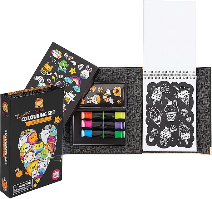 Tiger Tribe: Neon Coloring Set - Glow Friends - Activity Set w/Stickers, Themed Pages & Markers Stored Inside Magnetic Sealed Storage Box, Kid Age 4+