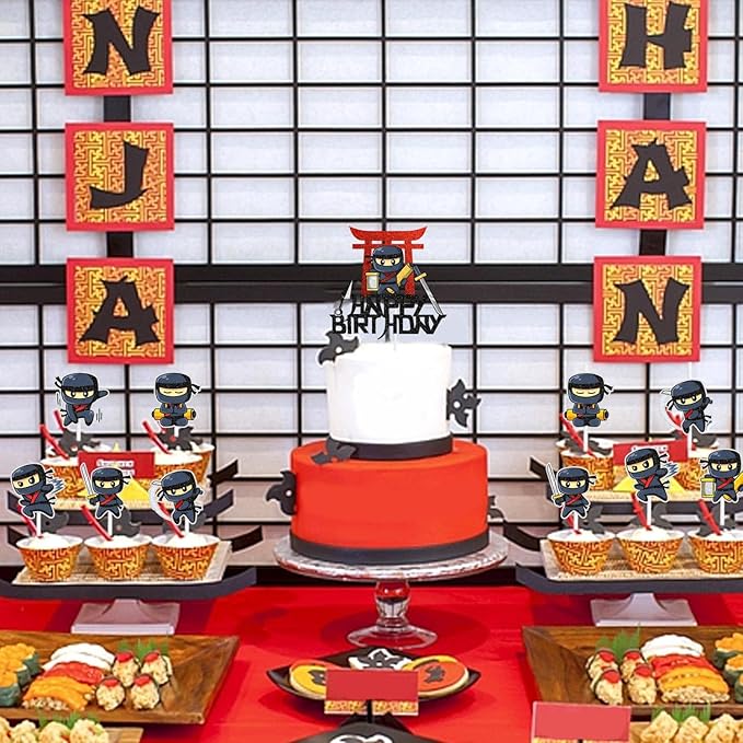 Ninja Warrior Cake Topper Set of 7 Happy Birthday Samurai Sword Fei Decorations, Boy or girl Ninja theme birthday party, martial arts karate party, or baby shower party decorations. SugarGera