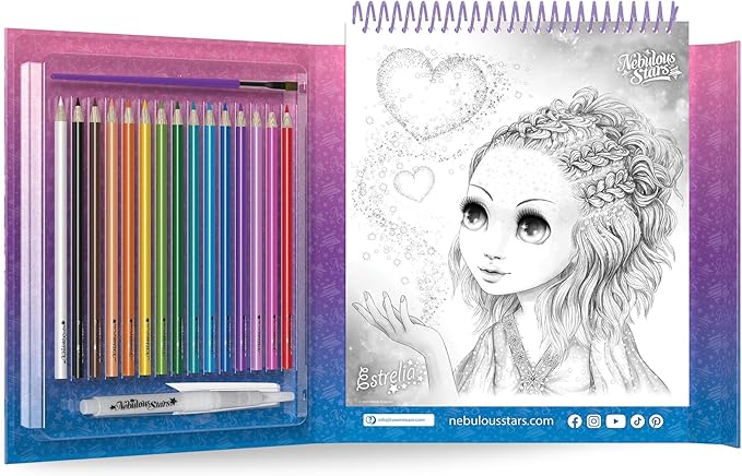 Nebulous Stars Watercoloring Book Set Featuring Estrelia – 20 Unique Illustrations, 15 Watercolor Pencils, Refillable Brush, and Artistic Tools for Kids Ages 7+