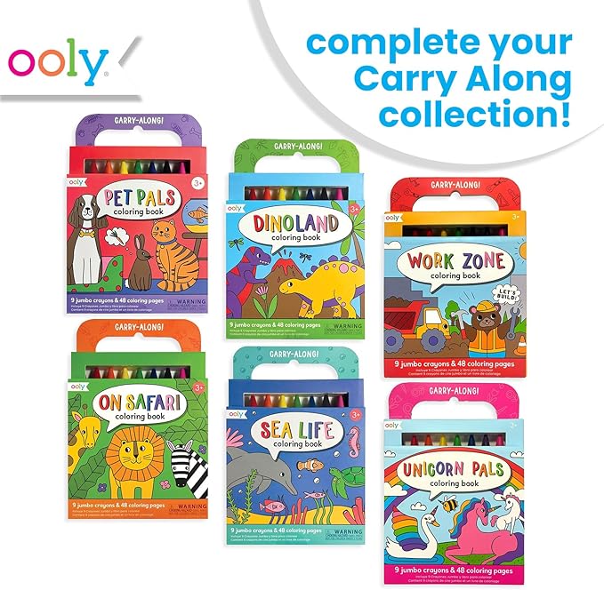 Ooly Travel Art Kit with 9 Jumbo Crayons & 48 Themed Coloring Pages & Case for Easy Traveling Art Creation, Perfect Airplane Travel Set to Entertain Kids - Work Zone