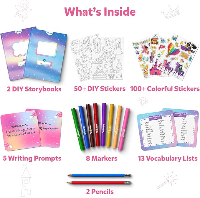 Skillmatics Storybook Art Kit - Unicorns & Princesses Art Kit for Kids, Write & Create Fairytale Storybooks, Creative Activity for Girls, DIY Kit, 150+ Stickers, Gifts for Ages 5, 6, 7, 8, 9, 10