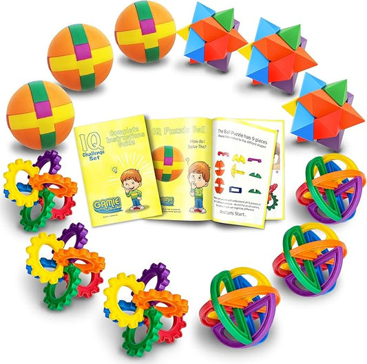 IQ Challenge Set, Fun Puzzle Balls with Free Colorful Instruction Guide by Gamie, Party Games, Fidget Brain Teaser Puzzles, Includes 12 Fun and Challenging Puzzle Balls, Great Educational Toy for Kids