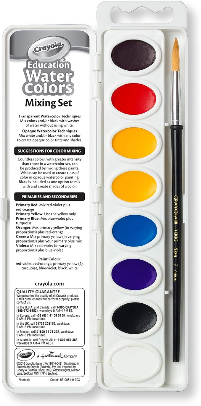 Crayola Watercolor Mixing Set with Taklon Paint Brush, 8 Paint Colors