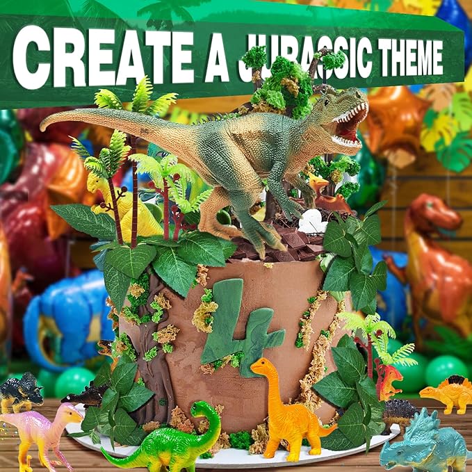 26 PCS Dinosaur Cake Toppers With Dinosaur Eggs Leaves Trees Cake Decorations For Birthday Party,Dinosaur Themed Party, Wild Animals Party,Kids Party Cake Decorations