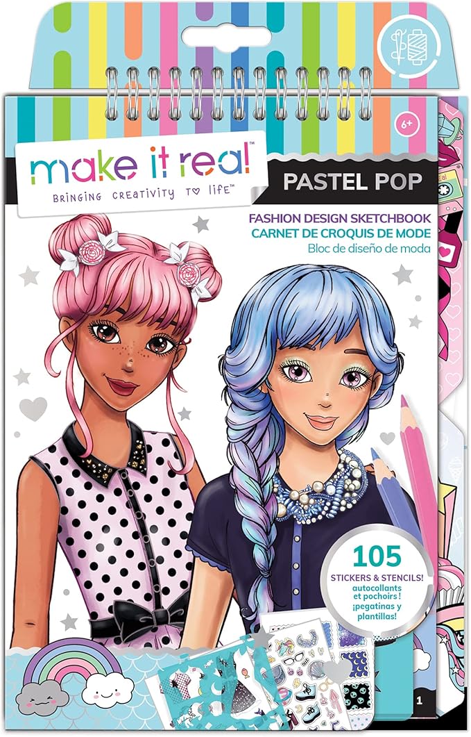 Make It Real Fashion Design Sketchbook for Girls - Pastel Pop Kit with 105 Stickers, Stencils, Design Guide - Pastel & Rainbow-Themed Fashion, Creative Gift Kids Ages 6+, Develops Real-World Skills