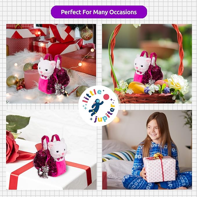 Little Jupiter Plush Pet Set with Purse - Stuffed Cat Plush Pet Carrier Set w/Reversible Sequins & Charm - Cat Stuffed Animals - Cat Animal Plush - Stuffed Animal Cat - Plush Cat (White Cat)