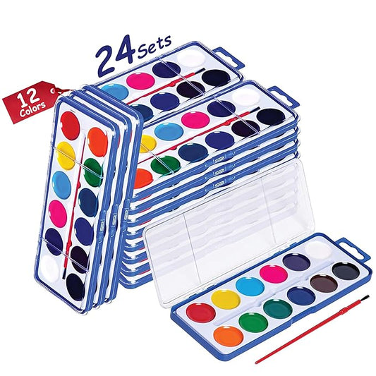 Pack of 24 Watercolor Paint - 12 Washable Paint Palettes (2oz/each) - Water Color Paint Sets for Kids - Ideal for Art Projects, School, Classrooms, and Home - Vibrant Colors and Easy Clean-Up