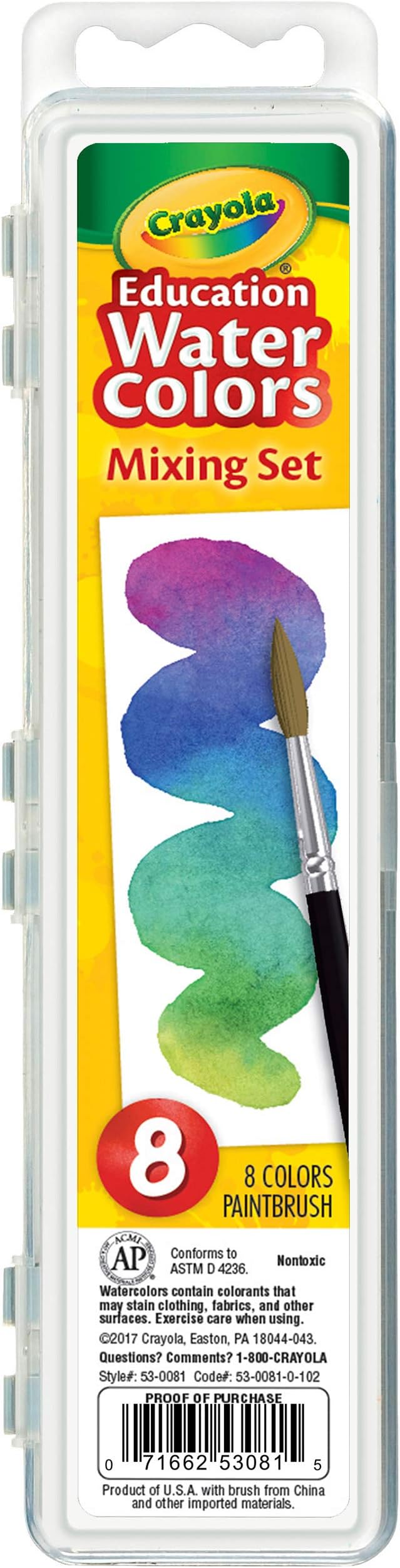 Crayola Watercolor Mixing Set with Taklon Paint Brush, 8 Paint Colors