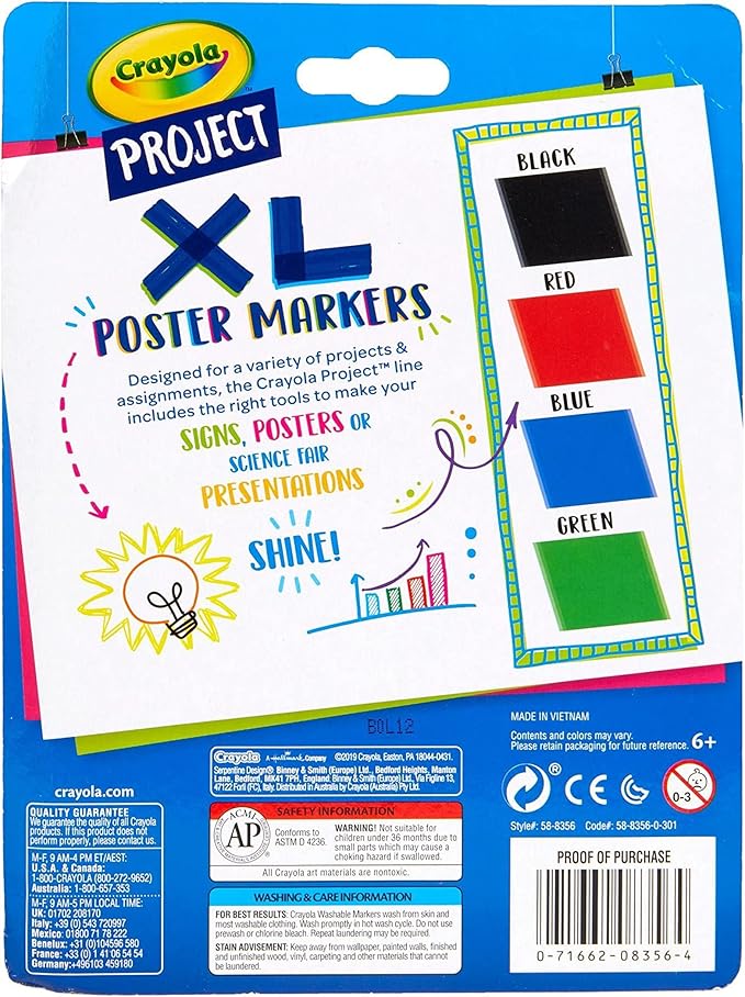 Crayola XL Poster Markers, Assorted Classic Colors, School Supplies, 4 Count