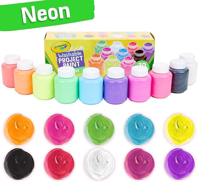 Crayola Washable Kids Paint, 10 Neon Paint Colors, 2 Oz Bottles, Gift
