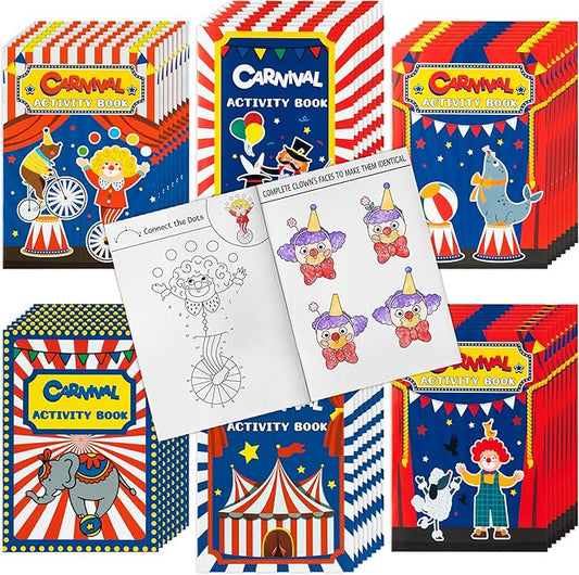 JAPBOR Carnival Activity Coloring Books - 48PCS Mini Circus Carnivals Activities Color Books Bulk for Kids Party Favors, Showman Themed Small Colouring Pages for Birthday Class Drawing Painting Game