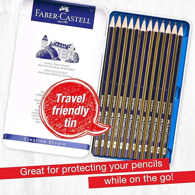 Faber-Castell Graphite Pencils Drawing Set: 12 Art Pencils for Sketching (4H, 3H, 2H, H, F, HB, B, 2B, 3B, 4B, 5B, and 6B), Shading Pencils for Drawing and Sketching, Graphite Drawing Kit