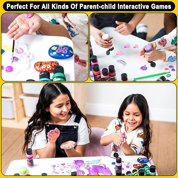 JOYIN 12PCS Washable Kids Tempera Paint Set (2 oz Each), Liquid Poster Paint with 6 Brushes, 2 Palette & 1 Paint Brush Clean Bucket, Non-Toxic Kids Paint for Finger Painting, Hobby Painters