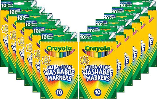 Crayola Ultra Clean Washable Markers - 12 Pack (10ct), Bulk Washable Markers for Classrooms, Fine Line Markers for Kids, Nontoxic