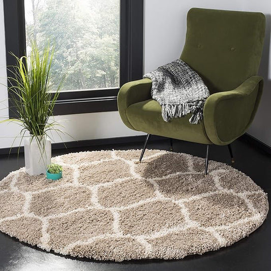 SAFAVIEH Hudson Shag Collection 3' Round Beige/Ivory SGH280S Moroccan Ogee Trellis Non-Shedding Living Room Bedroom Dining Room Entryway Plush 2-inch Thick Area Rug