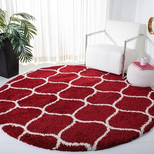 SAFAVIEH Hudson Shag Collection 7' Round Red / Ivory SGH280R Moroccan Ogee Trellis Non-Shedding Living Room Bedroom Dining Room Entryway Plush 2-inch Thick Area Rug