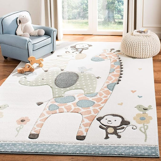 SAFAVIEH Carousel Kids Collection 3' Square Ivory CRK120A Animal Non-Shedding Nursery Playroom Area Rug