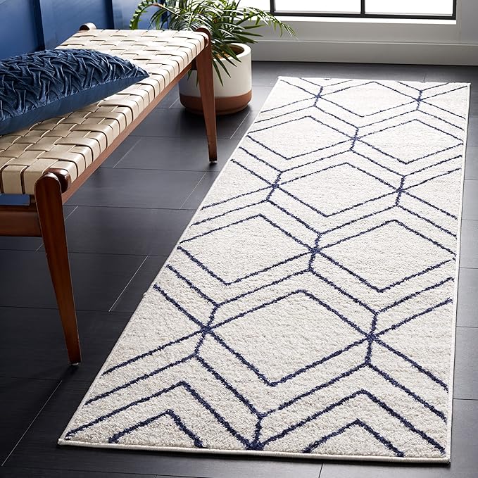 SAFAVIEH Adirondack Collection Runner Rug - 2'6" x 12', Light Grey & Navy, Modern Geometric Design, Non-Shedding & Easy Care, Ideal for High Traffic Areas in Living Room, Bedroom (ADR241N)