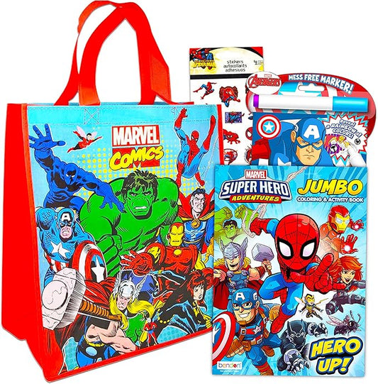 Marvel Avengers Travel Bag Bundle 4 Pack Avengers Activity Set - Avengers Travel Set with Coloring Books, Games, Puzzles, and Spiderman Stickers