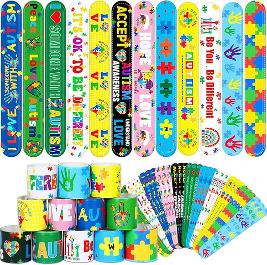 JUNEBRUSHS 56Pcs Autism Awareness Slap Bracelets, Colorful Puzzle Pieces Autism Bracelet Wristbands Inspirational Autism Awareness Accessories for Kids Teens Adult Motivational Gifts Party Supplies