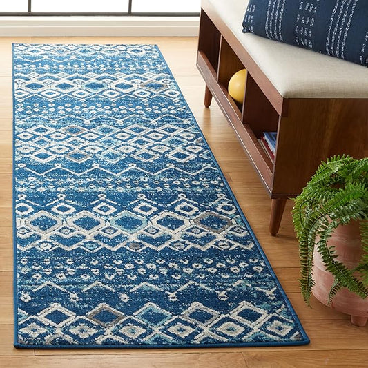 SAFAVIEH Amsterdam Collection Runner Rug - 2'3" x 16', Navy & Beige, Moroccan Boho Design, Non-Shedding & Easy Care, Ideal for High Traffic Areas in Living Room, Bedroom (AMS108N)