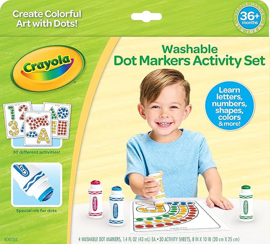 Crayola Washable Dot Markers Activity Set, 30 Toddler Coloring Pages & 4 Washable Markers, Dot Paints for Toddlers, Toddler Gifts, Ages 3+