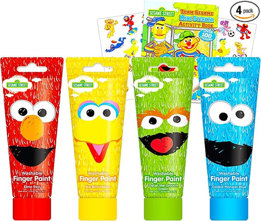 Sesame Street Finger Paint Set for Toddlers Kids - Pack of 4 Classic Colors and Stickers (Elmo Painting)