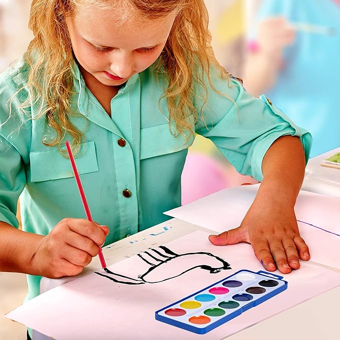 Pack of 12 Watercolor Paint Set for Kids - Washable Paint Sets with 12 Vibrant Colors - Suitable for Home, Classroom, and Art Parties - Includes Paintbrush for Creative Fun Activity on the Go
