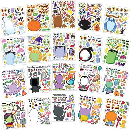 JOYIN 20 Pcs Make-a-face Sticker Sheets Make Your Own Halloween Characters Mix and Match Sticker Sheets, Bonus with Coloring Sheets, 10 Scratch Cards, 8 Sticker Sheets, Halloween Party Favor Supplies
