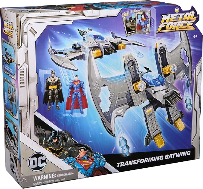DC Comics, Metal Force Transforming Batwing, 2-in-1 Playset, Includes Batman and Superman Figures, with Projectiles and Character Cards, Kids Toy for Boys and Girls Ages 4+