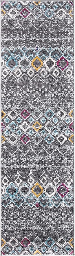 SAFAVIEH Amsterdam Collection Runner Rug - 2'3" x 6', Dark Grey & Ivory, Moroccan Boho Design, Non-Shedding & Easy Care, Ideal for High Traffic Areas in Living Room, Bedroom (AMS108H)