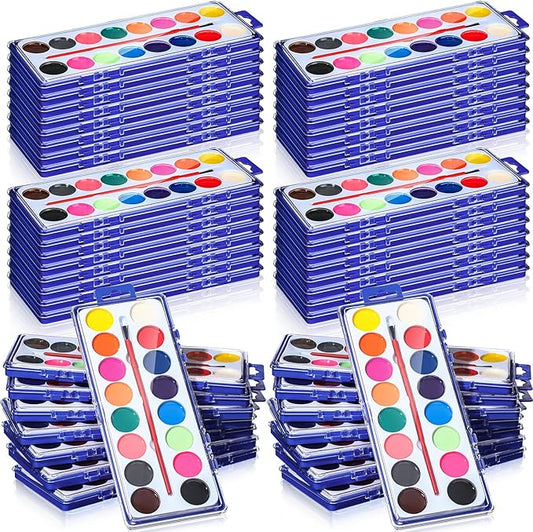 Jexine 48 Pieces Watercolor Paint Sets for Valentine's Day Gifts 16 Washable Water Color Paints Washable Bulk with Paintbrushes for Valentine School Classroom Birthday Gift Art Party Favors