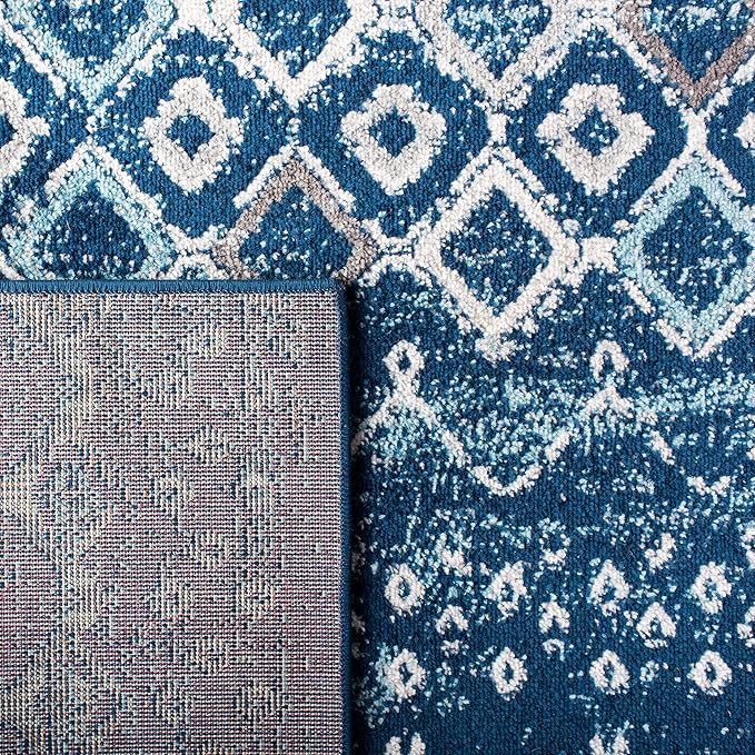 SAFAVIEH Amsterdam Collection Runner Rug - 2'3" x 16', Navy & Beige, Moroccan Boho Design, Non-Shedding & Easy Care, Ideal for High Traffic Areas in Living Room, Bedroom (AMS108N)