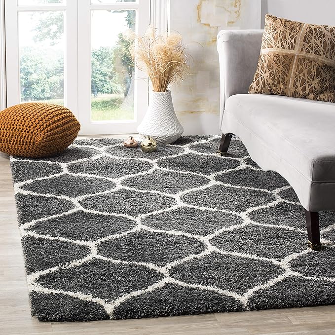 SAFAVIEH Hudson Shag Collection 3' Square Dark Grey/Ivory SGH280G Moroccan Ogee Trellis Non-Shedding Living Room Bedroom Dining Room Entryway Plush 2-inch Thick Area Rug