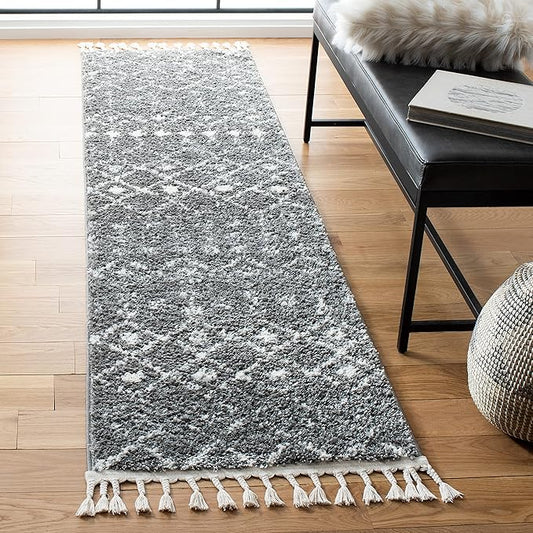 SAFAVIEH Berber Fringe Shag Collection Runner Rug - 2'2" x 14', Grey & Ivory, Moroccan Design, Non-Shedding & Easy Care, 1.2-inch Thick Ideal for High Traffic Areas in Living Room, Bedroom (BFG516F)