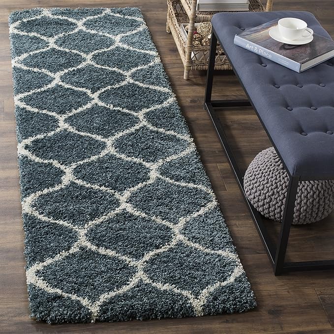 SAFAVIEH Hudson Shag Collection Runner Rug - 2'3" x 16', Slate Blue & Ivory, Trellis Design, Non-Shedding & Easy Care, 2-inch Thick Ideal for High Traffic Areas in Living Room, Bedroom (SGH280L)
