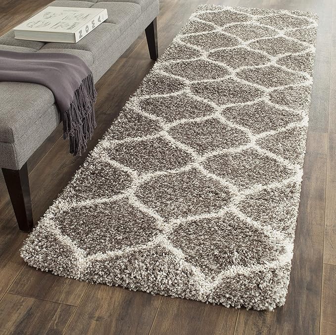 SAFAVIEH Hudson Shag Collection Runner Rug - 2'3" x 18', Grey & Ivory, Moroccan Trellis Design, Non-Shedding & Easy Care, 2-inch Thick Ideal for High Traffic Areas in Living Room, Bedroom (SGH280B)