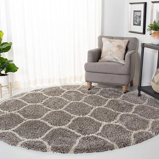 SAFAVIEH Hudson Shag Collection 7' Round Grey/Ivory SGH280B Moroccan Ogee Trellis Non-Shedding Living Room Bedroom Dining Room Entryway Plush 2-inch Thick Area Rug